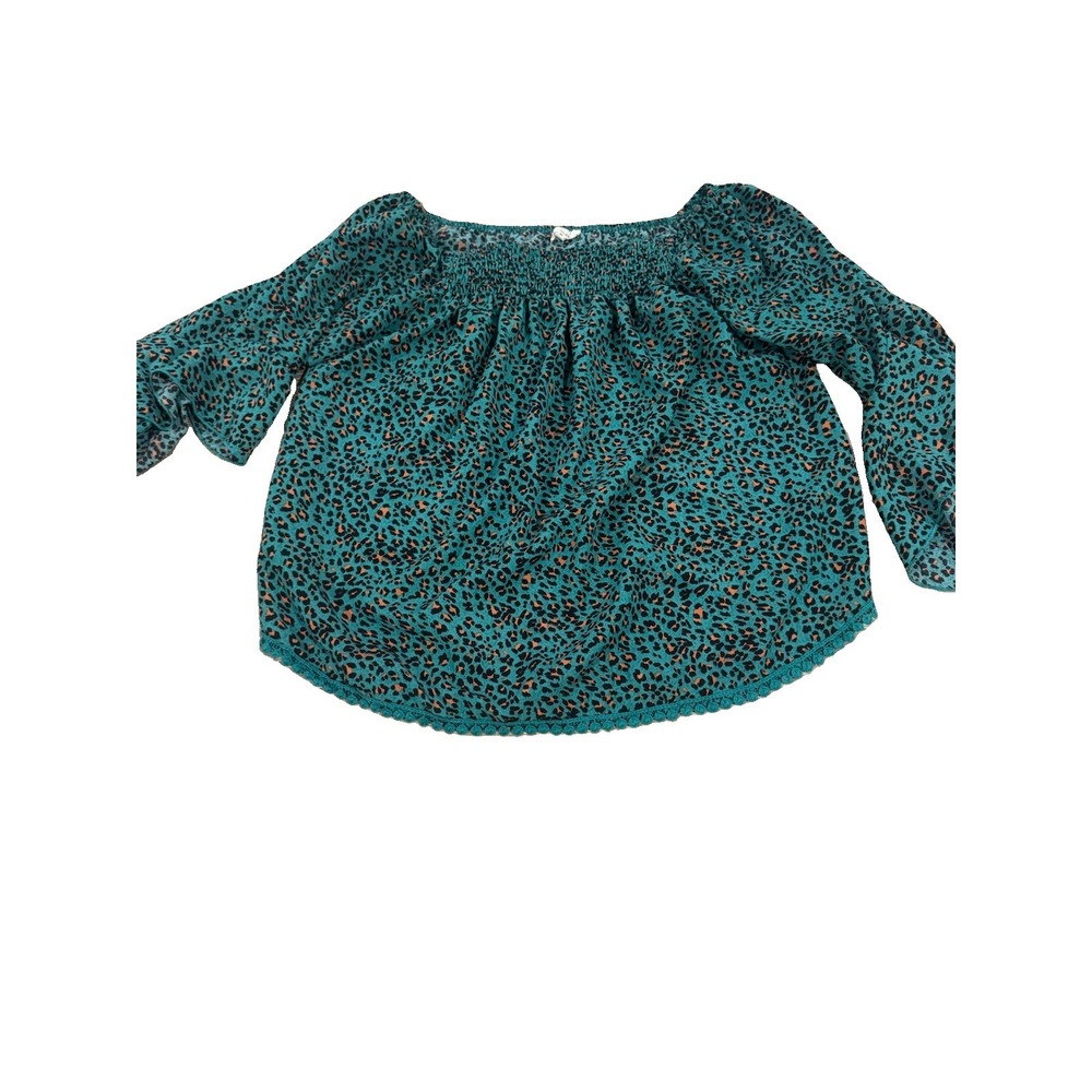 Main Strip Size M Teal Leopard Print Smocked Off Shoulder Top 3/4 Sleeve Pom Hem